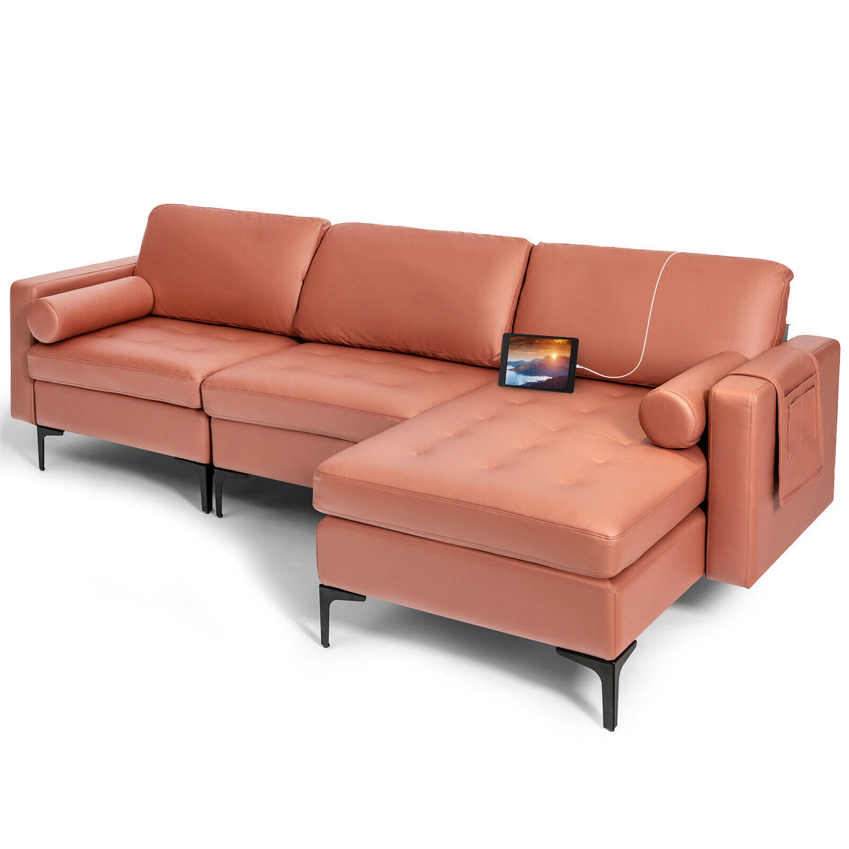 Modular 1/2/3/4-Seat L-Shaped Sectional Sofa Couch with Socket USB Port-3-Seat L