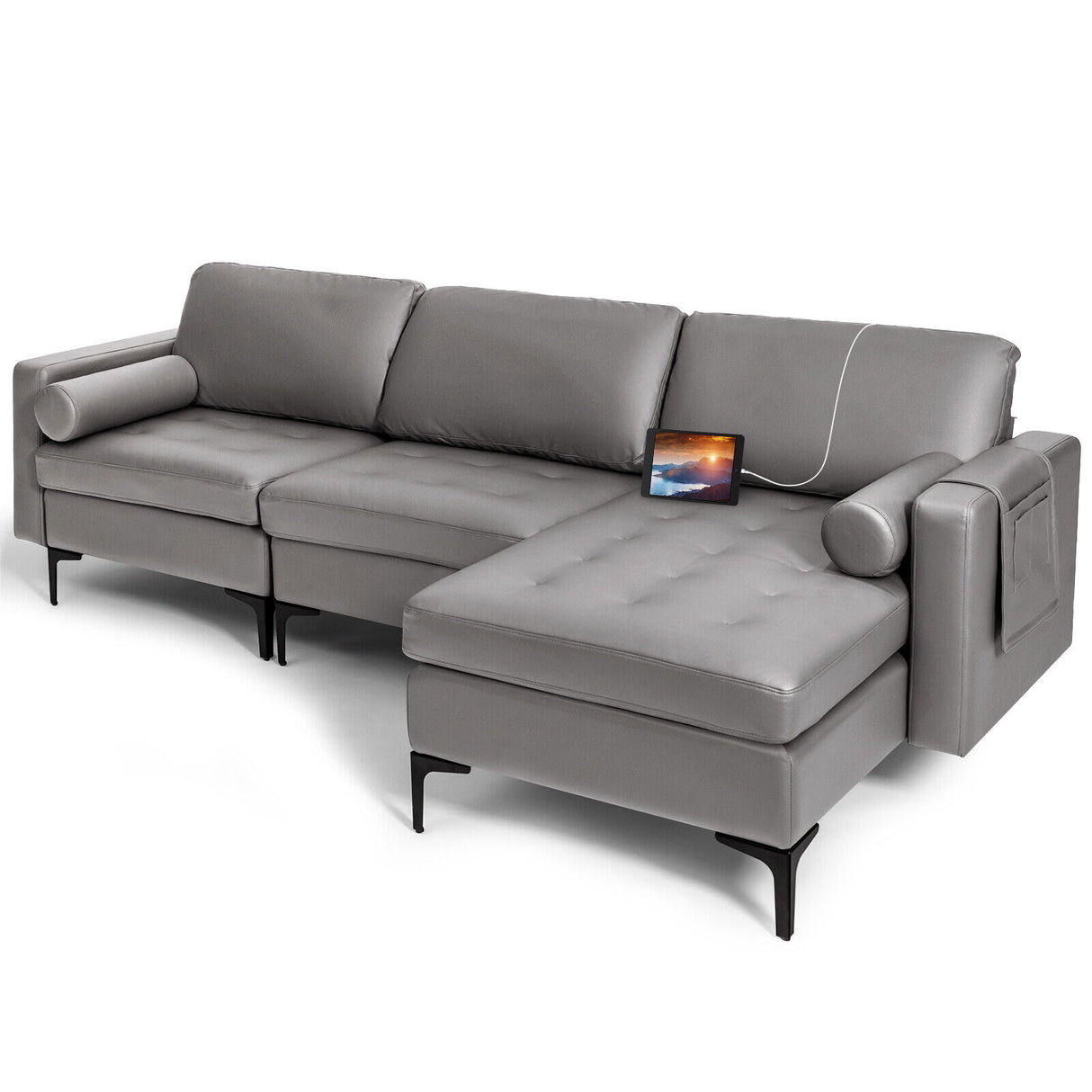 Modular 1/2/3/4-Seat L-Shaped Sectional Sofa Couch with Socket USB Port-3-Seat L