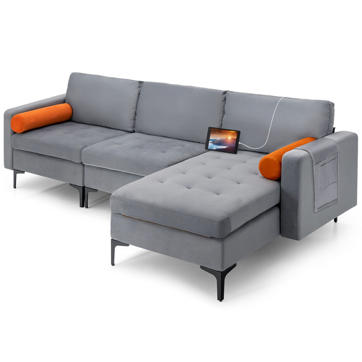 Modular 1/2/3/4-Seat L-Shaped Sectional Sofa Couch with Socket USB Port-3-Seat L