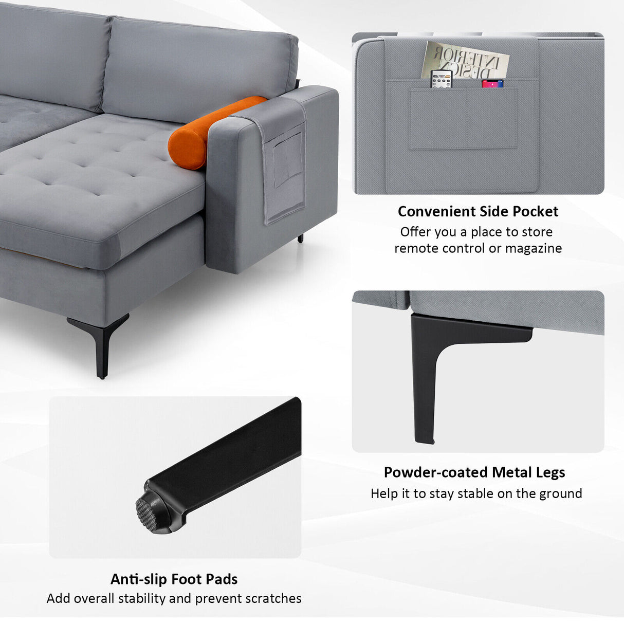 Modular 1/2/3/4-Seat L-Shaped Sectional Sofa Couch with Socket USB Port-3-Seat L