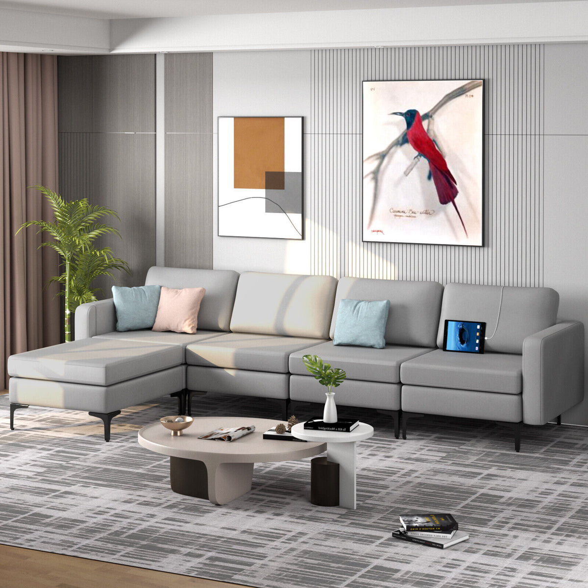 1/2/3/4-Seat Convertible Sectional Sofa with Reversible Ottoman-4-Seat L-shaped with 2 USB Ports