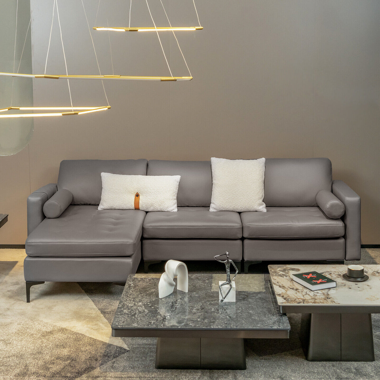 Modular 1/2/3/4-Seat L-Shaped Sectional Sofa Couch with Socket USB Port-3-Seat L