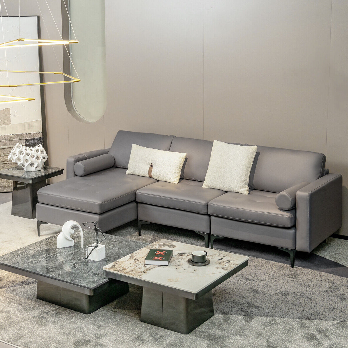 Modular 1/2/3/4-Seat L-Shaped Sectional Sofa Couch with Socket USB Port-3-Seat L