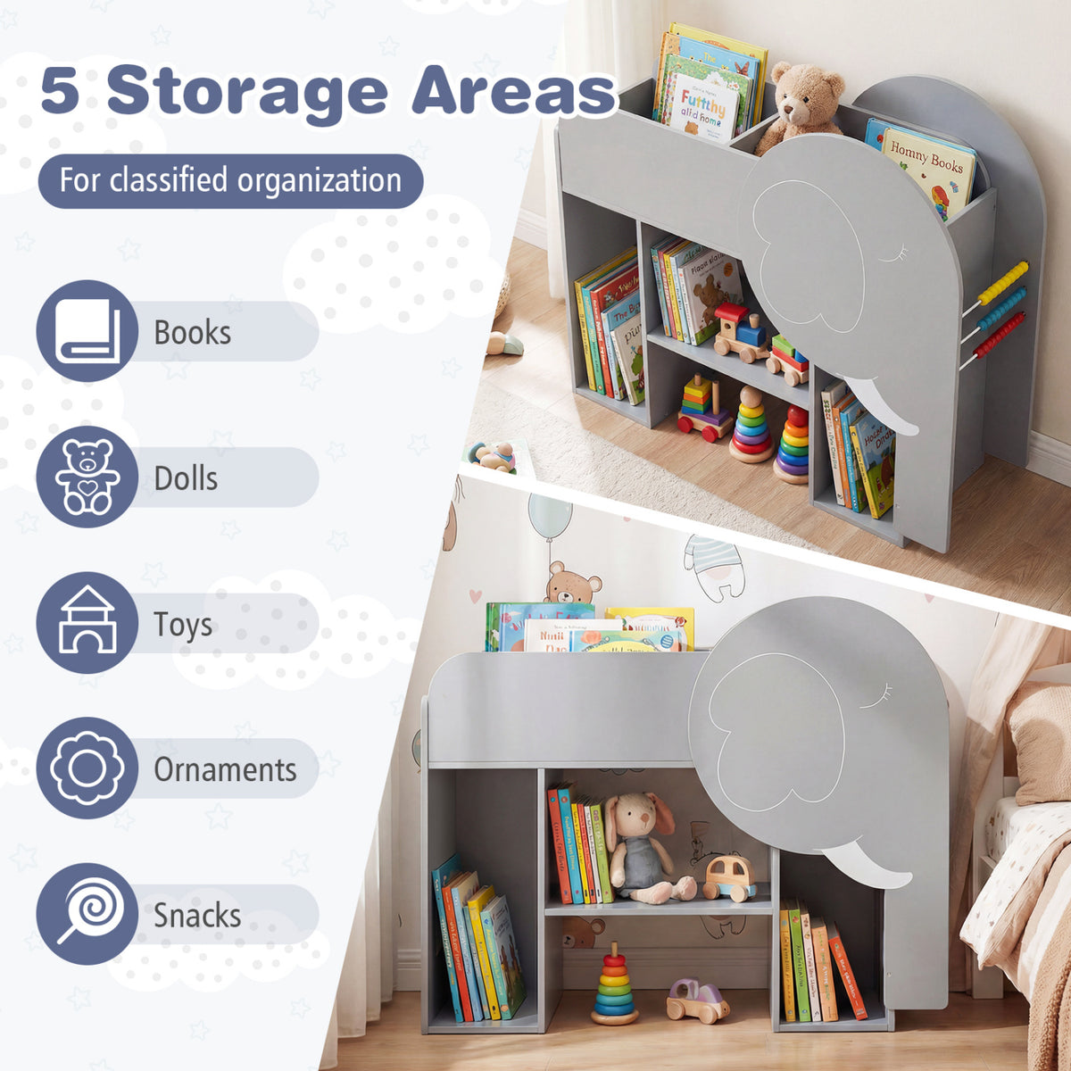 Montessori Bookshelf with Elephant Shape 3-Tier Toddler Toy Storage Organizer-Grey