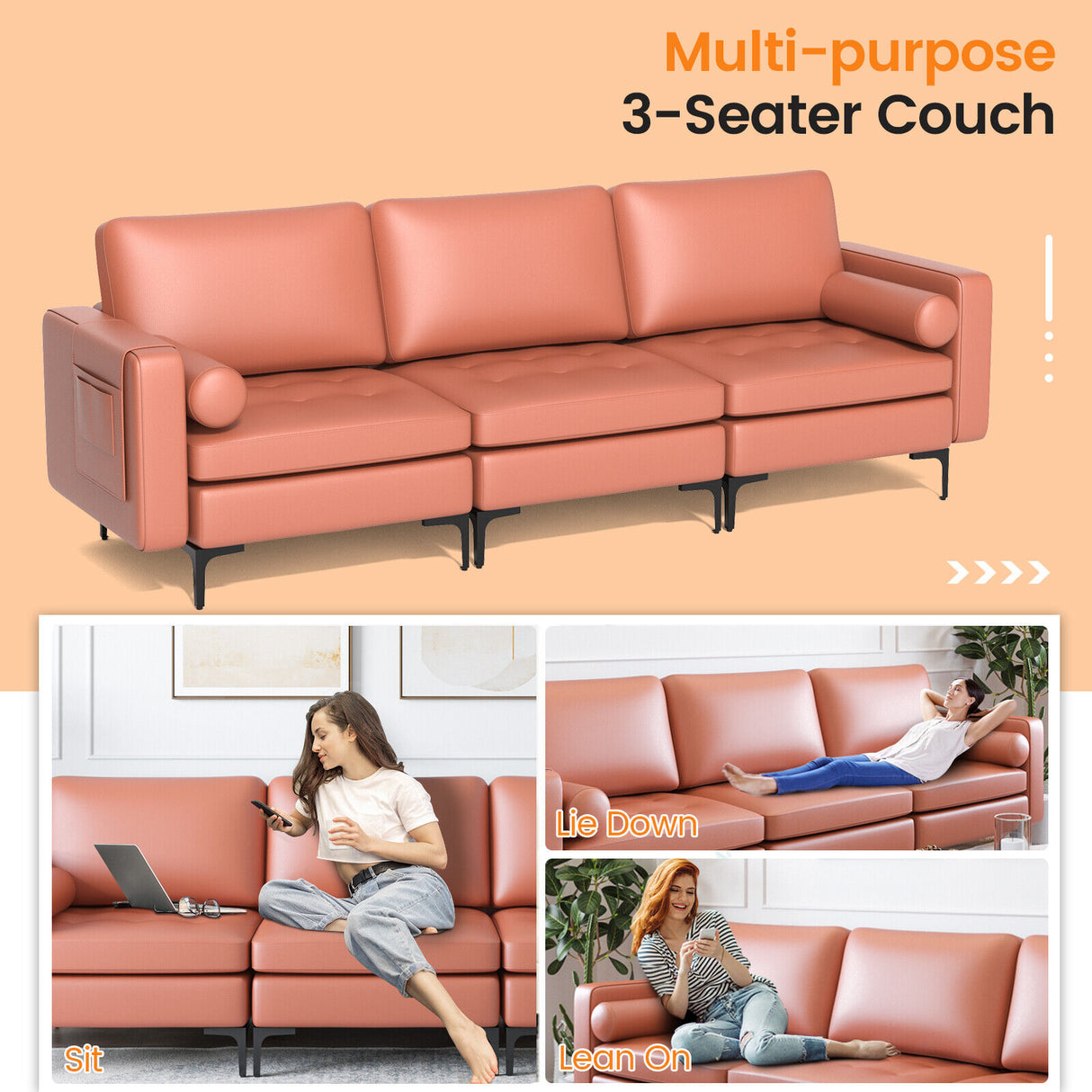 3-Seat Sofa Sectional with Side Storage Pocket and Metal Leg-3