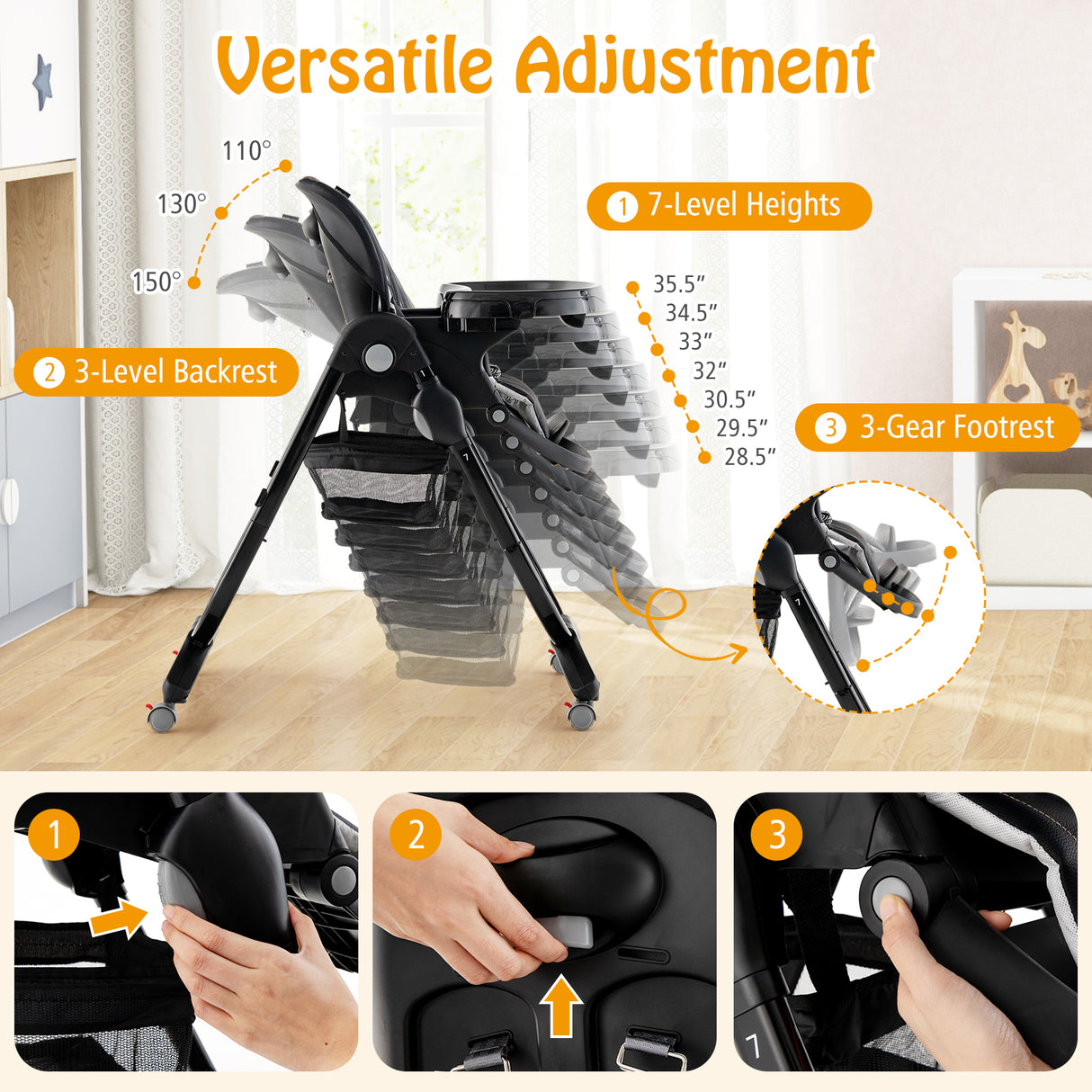 Multifunctional Folding Baby High Chair with Rolling Wheels and Adjustable Height
