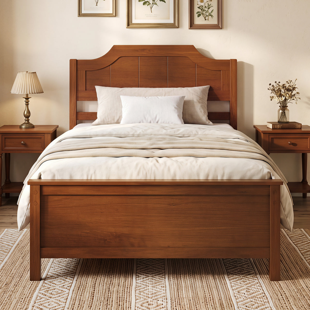 Multiple Size Solid Wood Platform Bed Frame with Headboard in Walnut