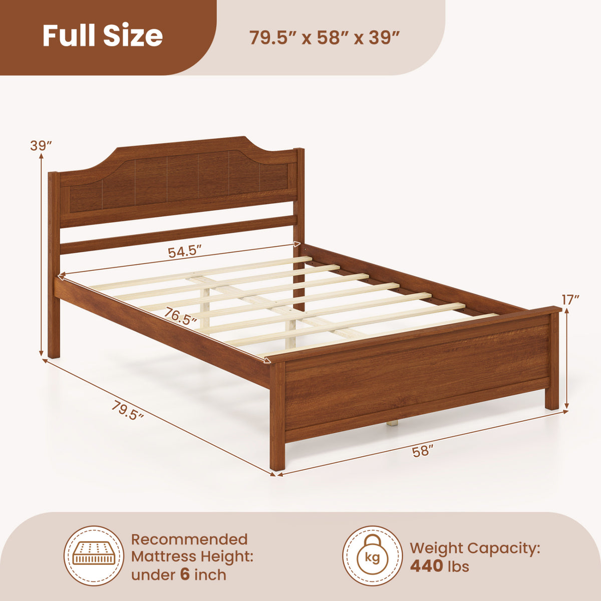 Multiple Size Solid Wood Platform Bed Frame with Headboard in Walnut