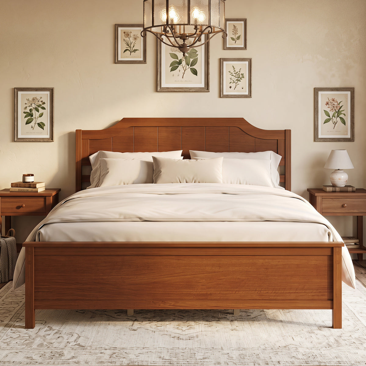 Multiple Size Solid Wood Platform Bed Frame with Headboard in Walnut