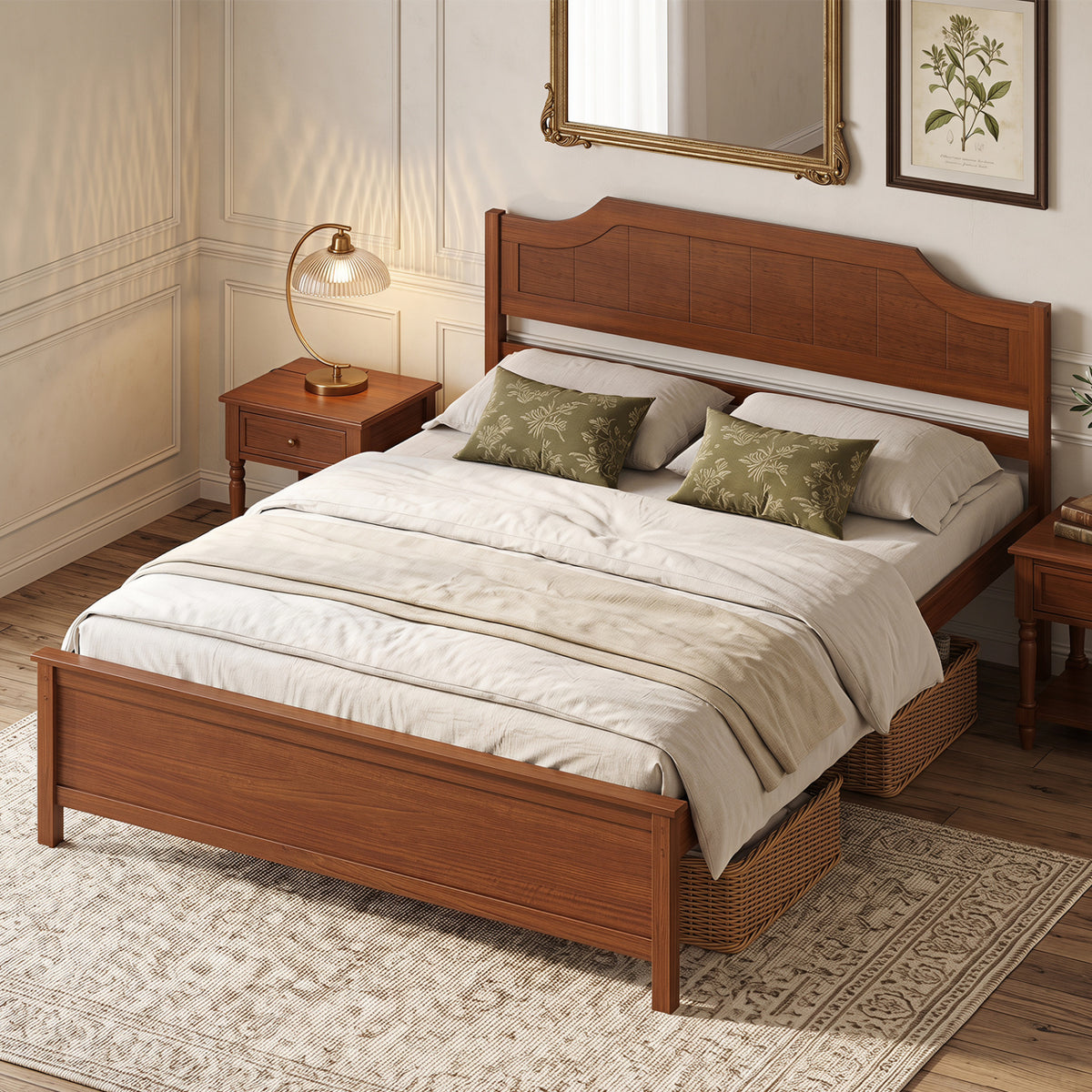 Multiple Size Solid Wood Platform Bed Frame with Headboard in Walnut