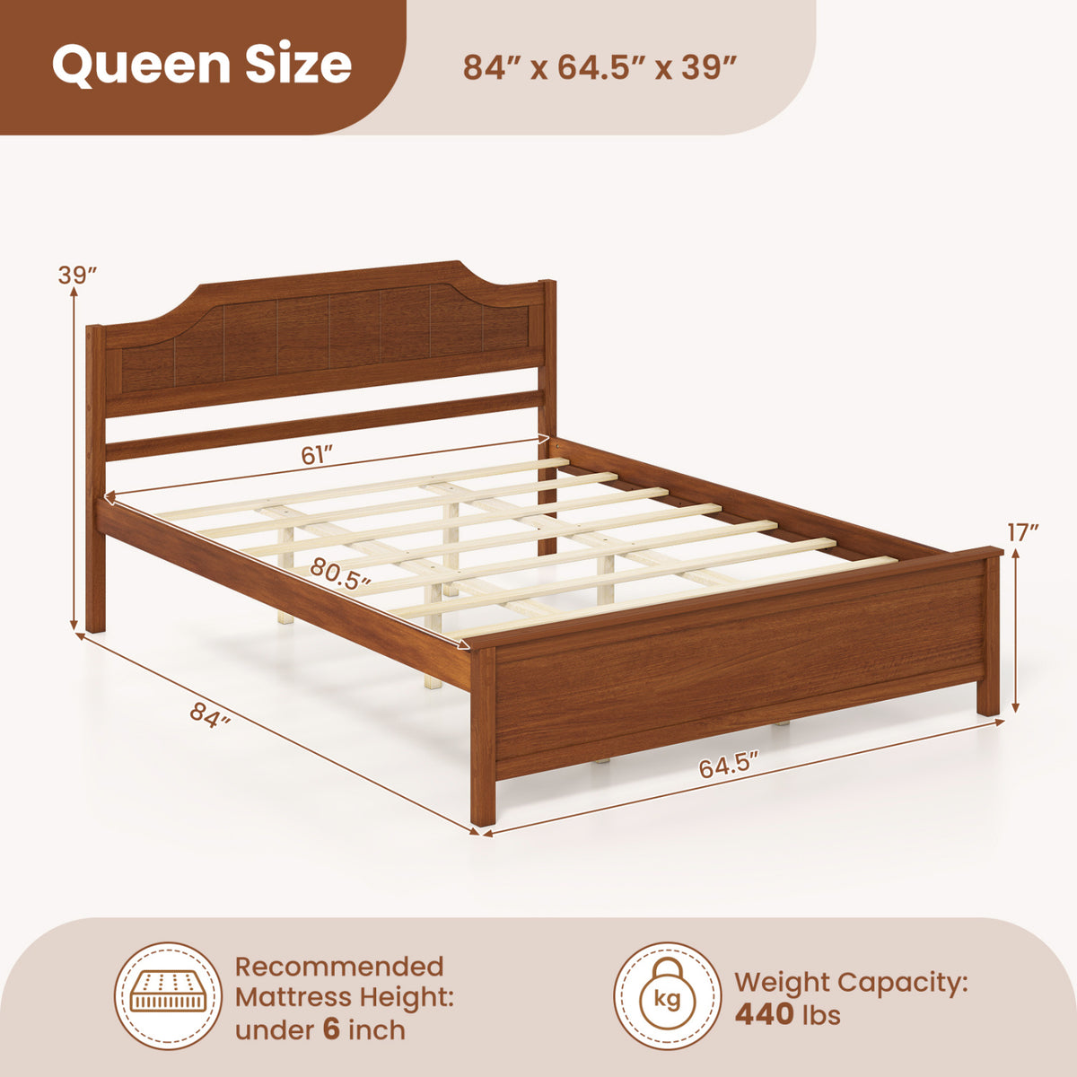 Multiple Size Solid Wood Platform Bed Frame with Headboard in Walnut