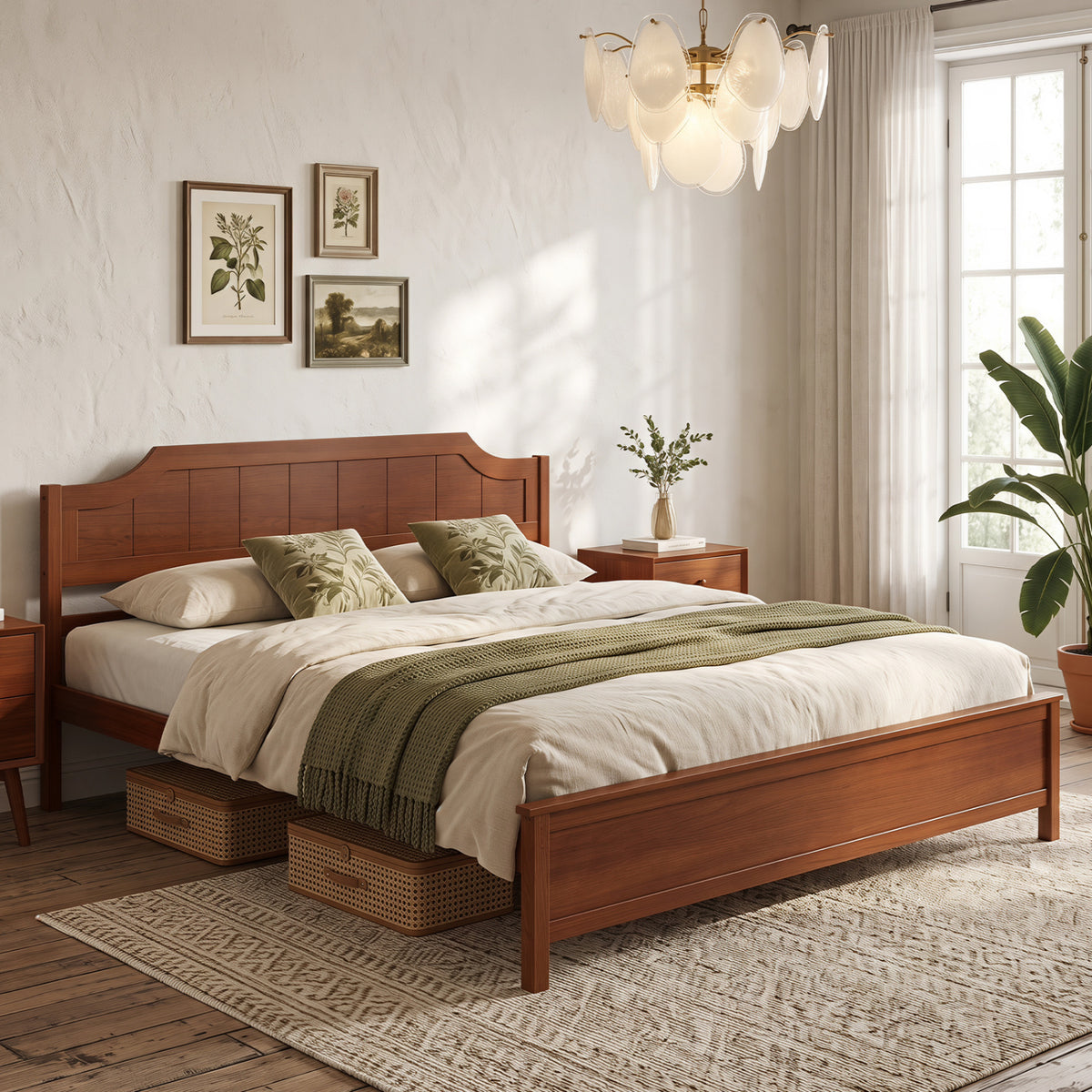Multiple Size Solid Wood Platform Bed Frame with Headboard in Walnut