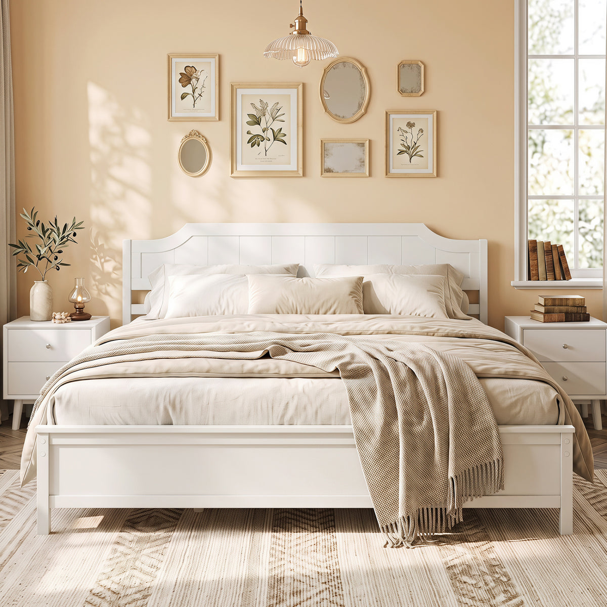 Multiple Size Solid Wood Platform Bed Frame with Headboard in White