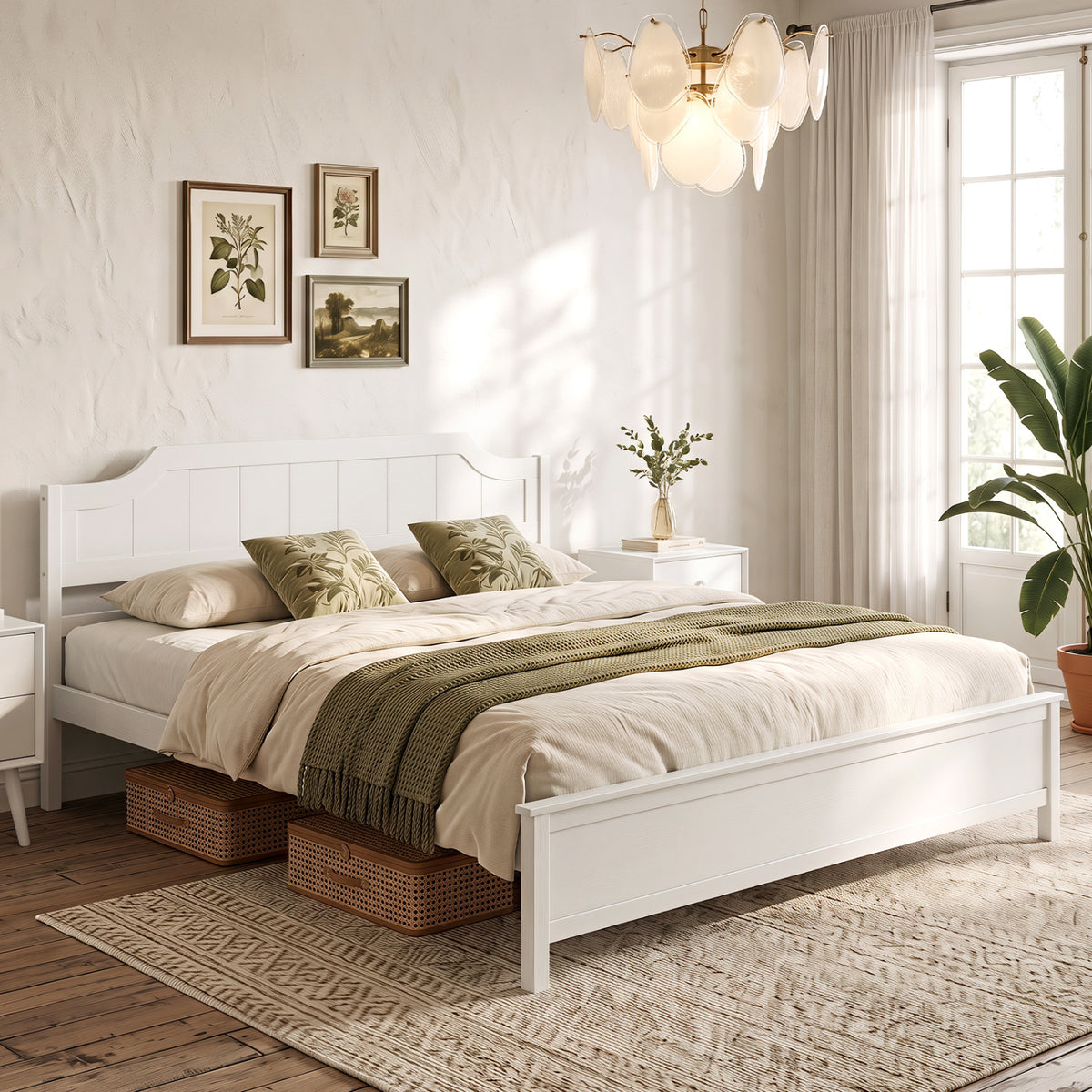 Multiple Size Solid Wood Platform Bed Frame with Headboard in White