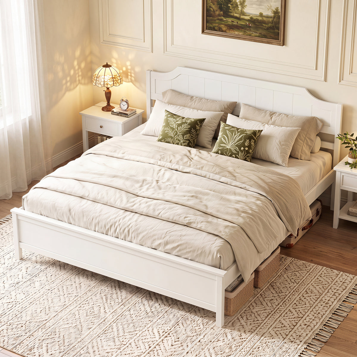 Multiple Size Solid Wood Platform Bed Frame with Headboard in White