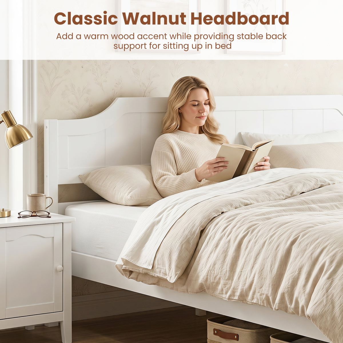 Multiple Size Solid Wood Platform Bed Frame with Headboard in White