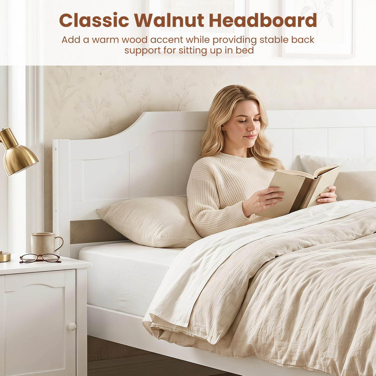 Multiple Size Solid Wood Platform Bed Frame with Headboard in White