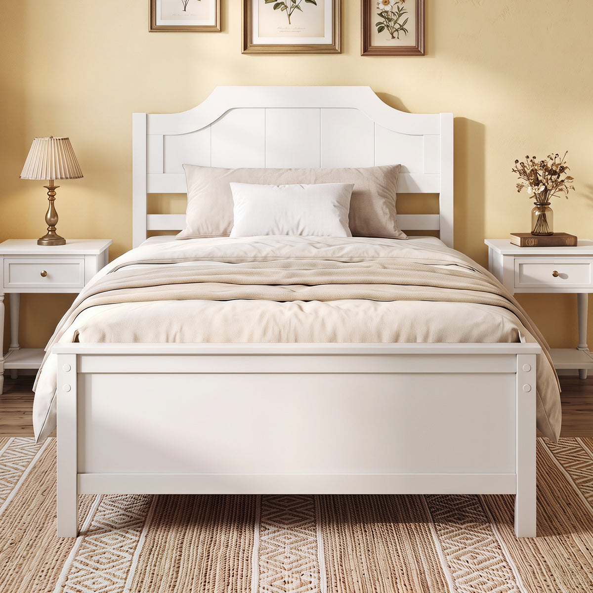 Multiple Size Solid Wood Platform Bed Frame with Headboard in White