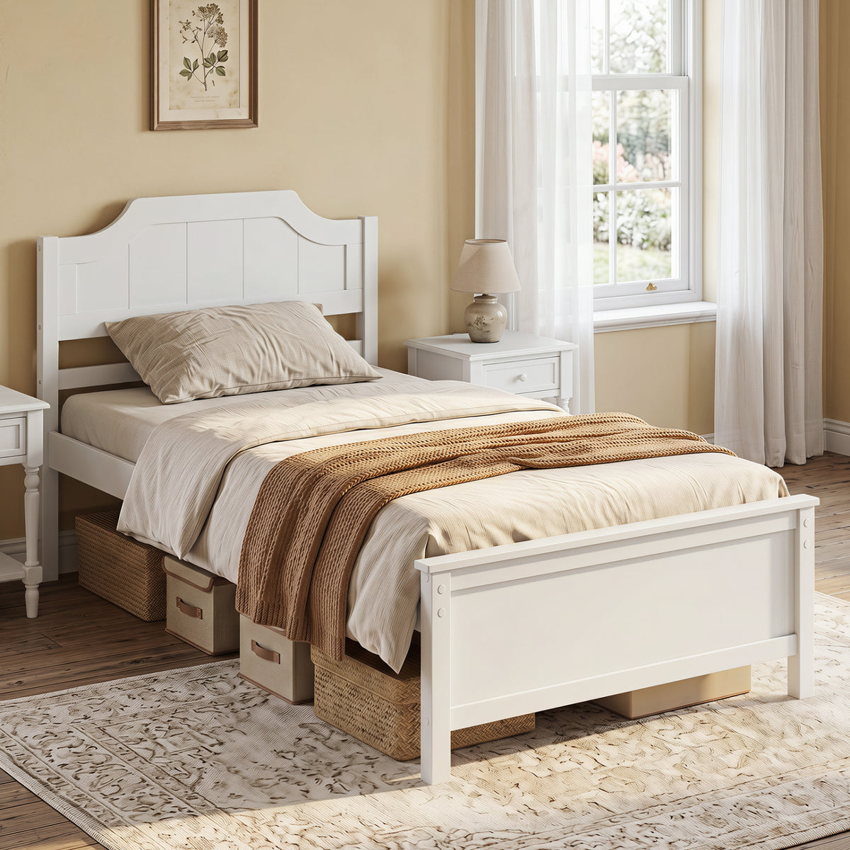 Multiple Size Solid Wood Platform Bed Frame with Headboard in White