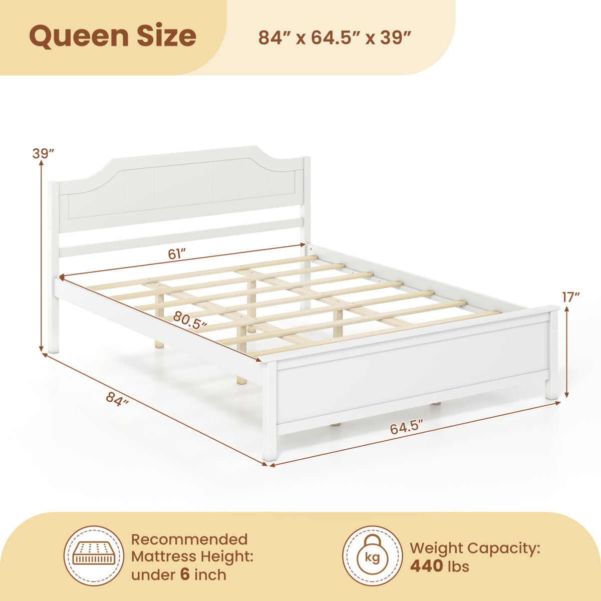 Multiple Size Solid Wood Platform Bed Frame with Headboard in White