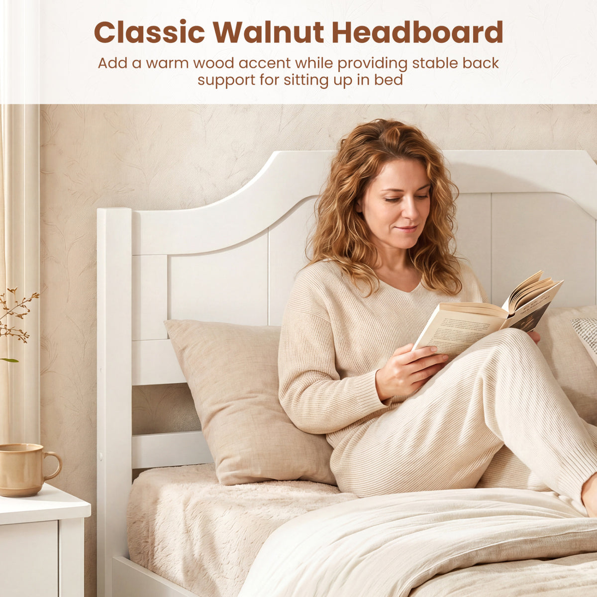 Multiple Size Solid Wood Platform Bed Frame with Headboard in White