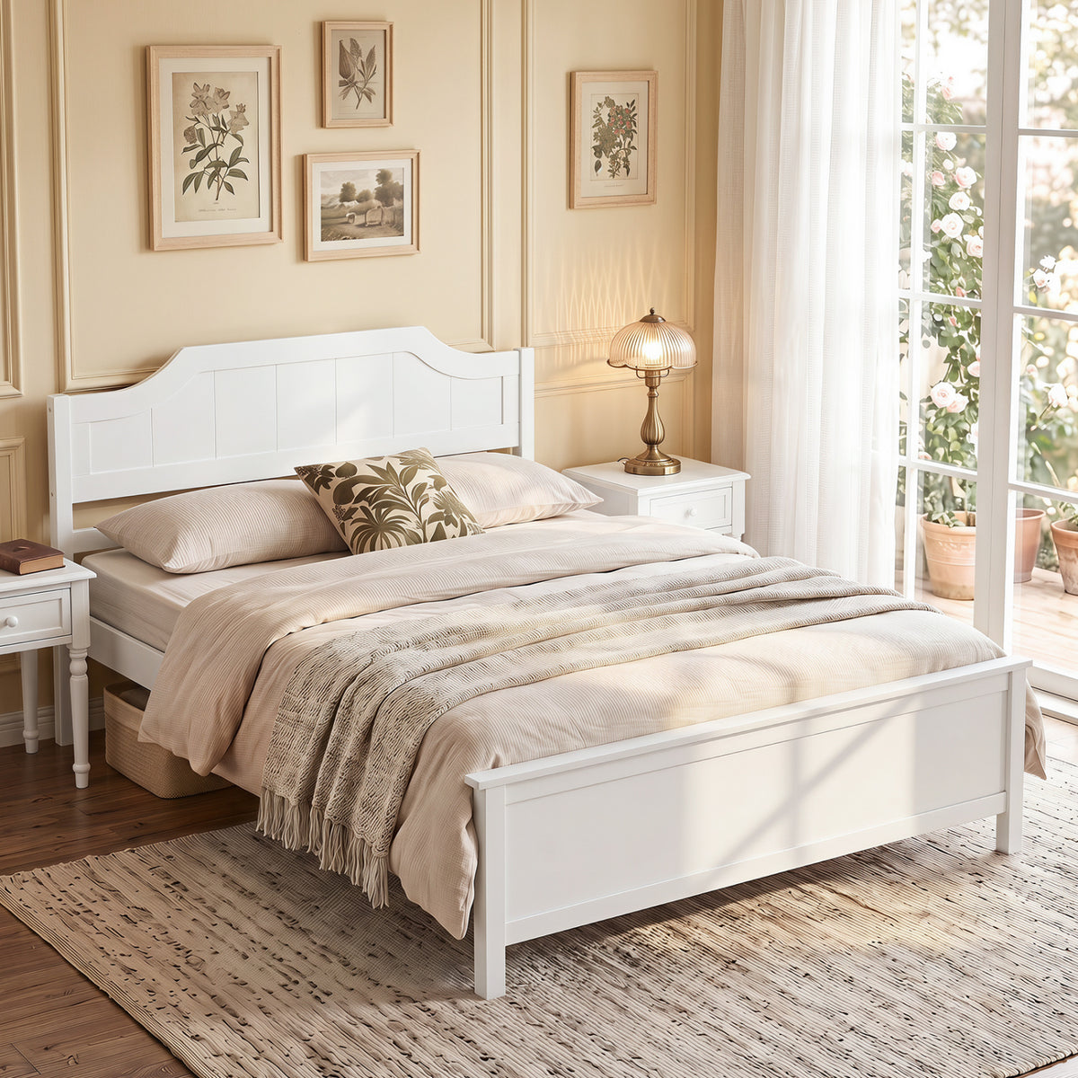 Multiple Size Solid Wood Platform Bed Frame with Headboard in White