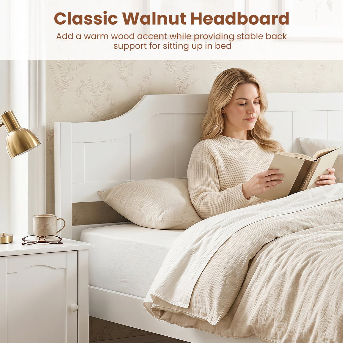 Multiple Size Solid Wood Platform Bed Frame with Headboard in White