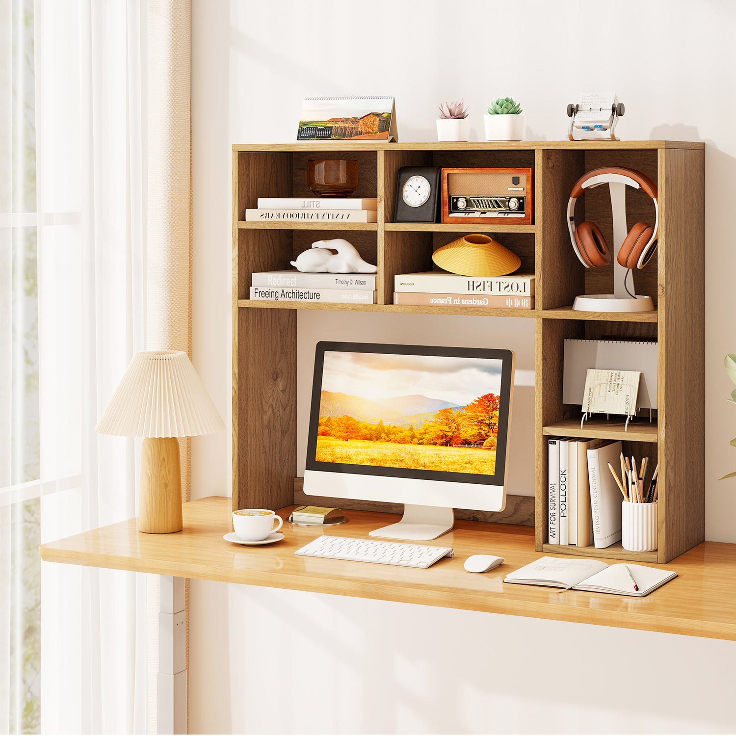 Desktop Bookshelf with 7 Open Cubbies and 3 Adjustable Shelves