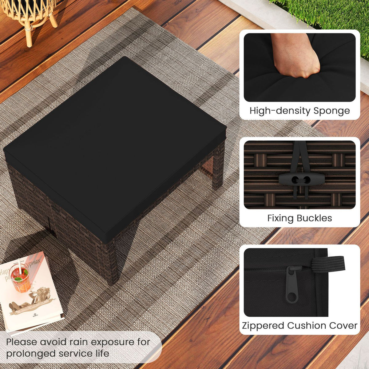 Multipurpose Outdoor 2 Pieces Patio PE Rattan Ottomans Footstool