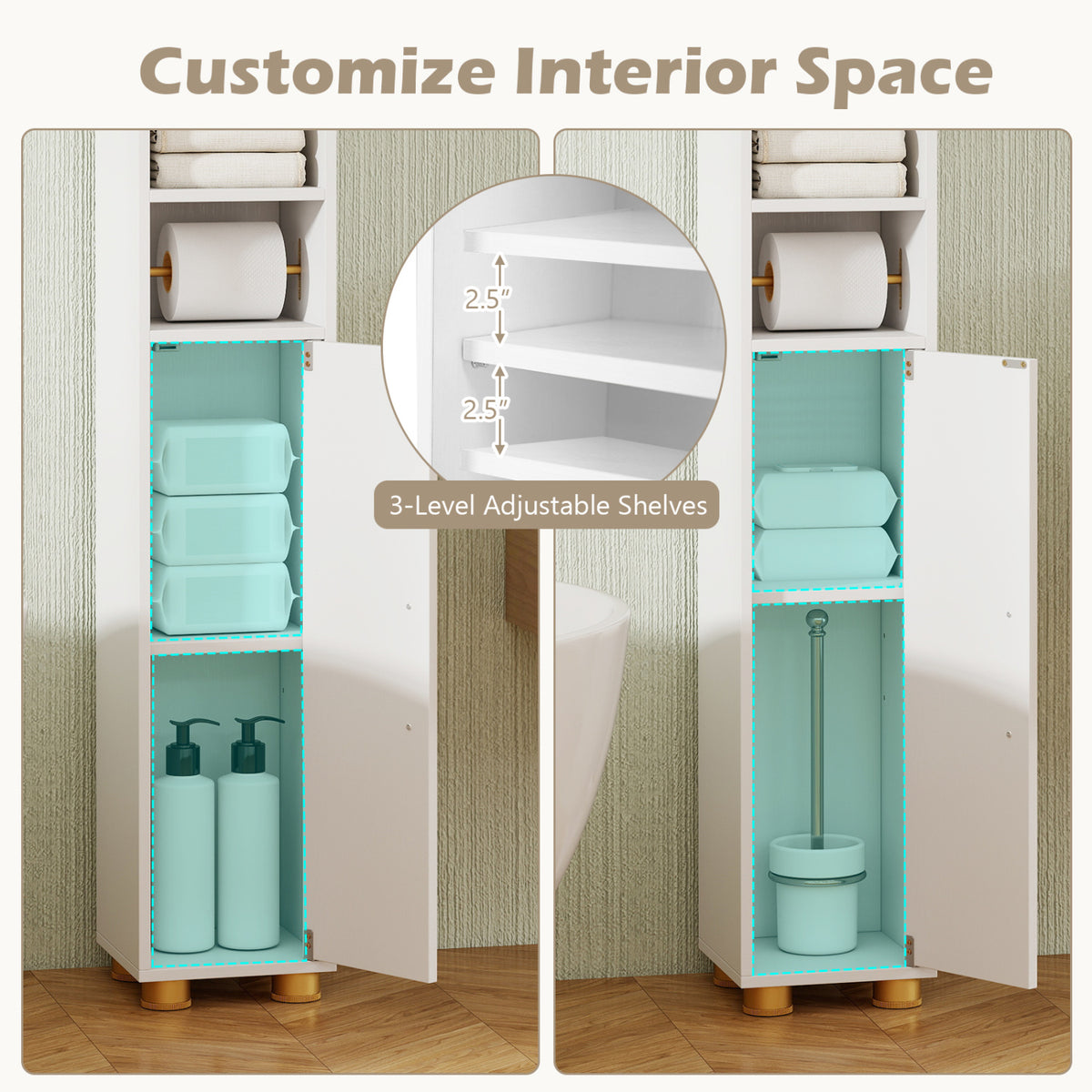Narrow Bathroom Storage Cabinet with Open Shelves and Toilet Paper Holder