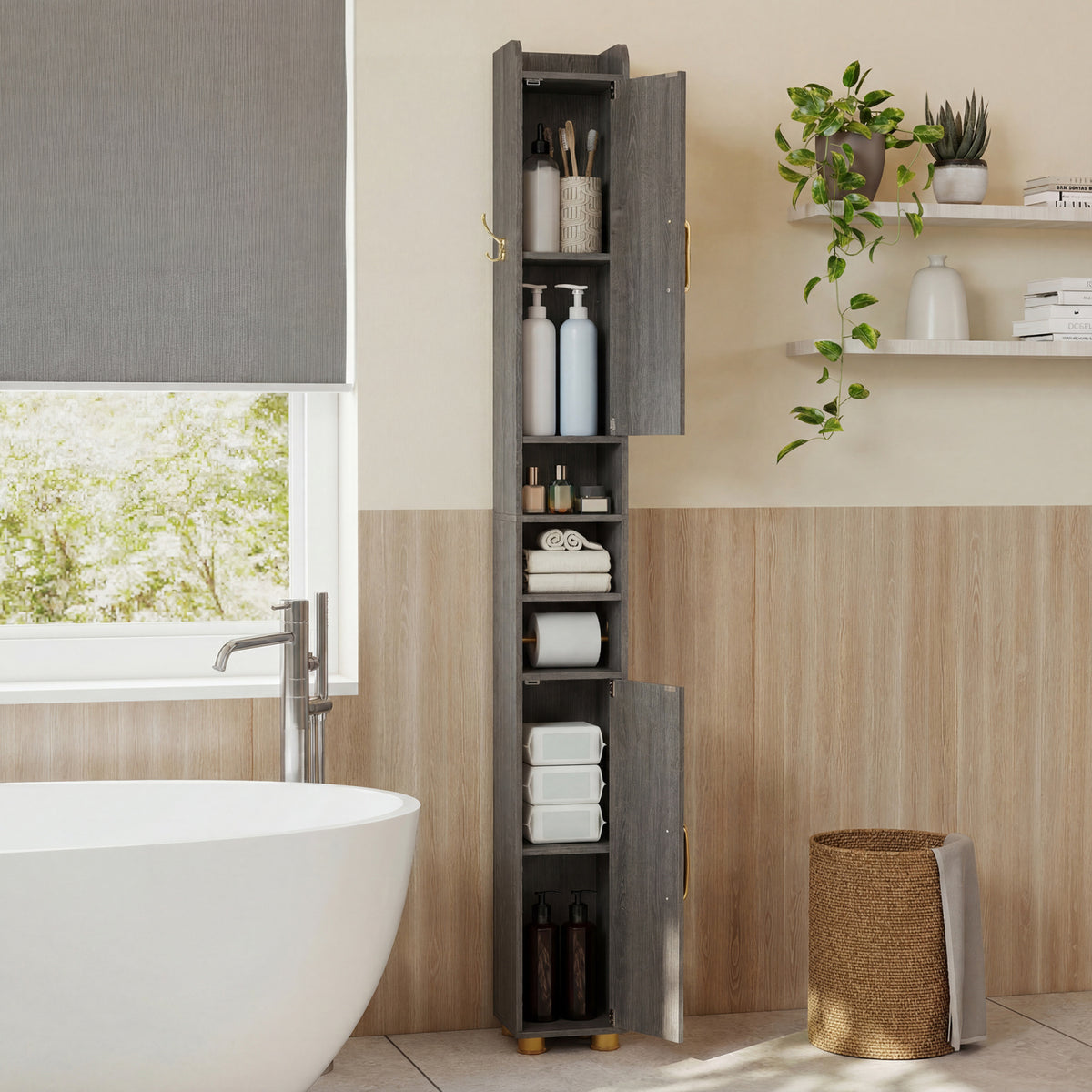 Narrow Bathroom Storage Cabinet with Open Shelves and Toilet Paper Holder