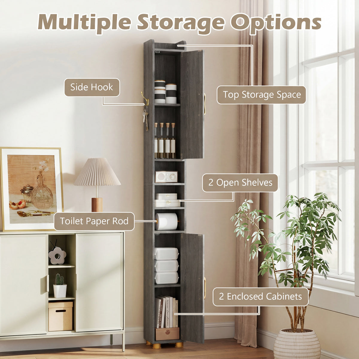 Narrow Bathroom Storage Cabinet with Open Shelves and Toilet Paper Holder