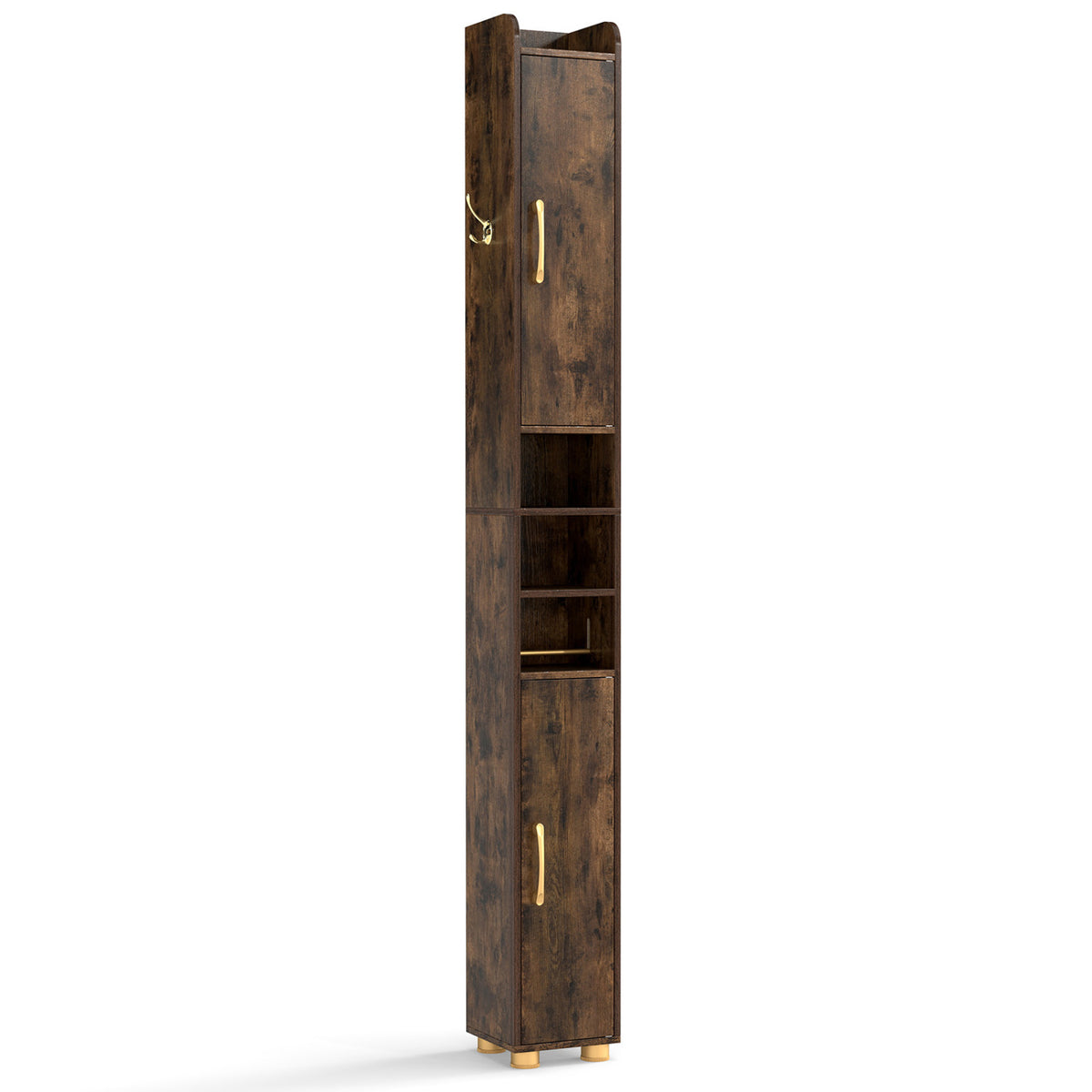 Narrow Bathroom Storage Cabinet with Open Shelves and Toilet Paper Holder