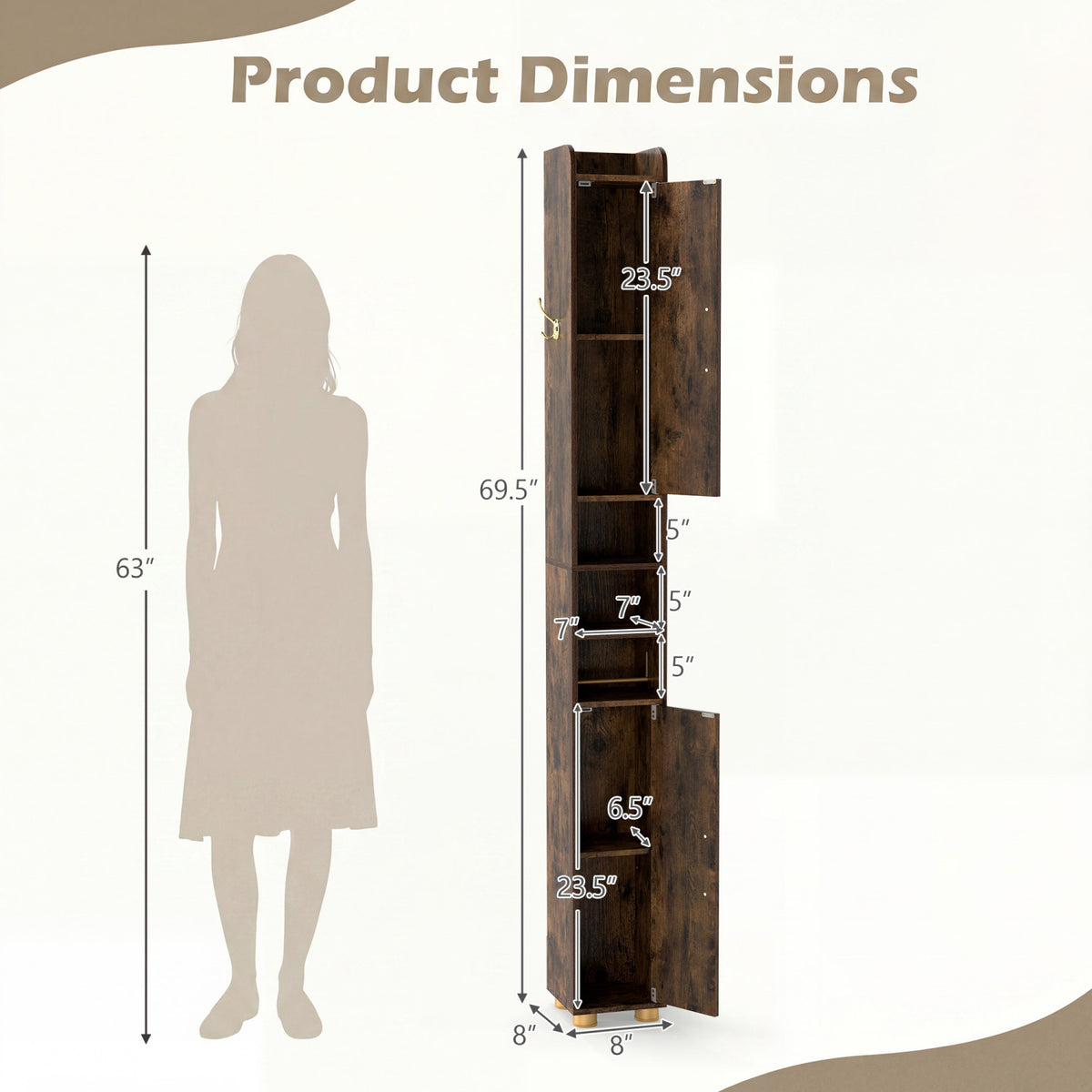 Narrow Bathroom Storage Cabinet with Open Shelves and Toilet Paper Holder