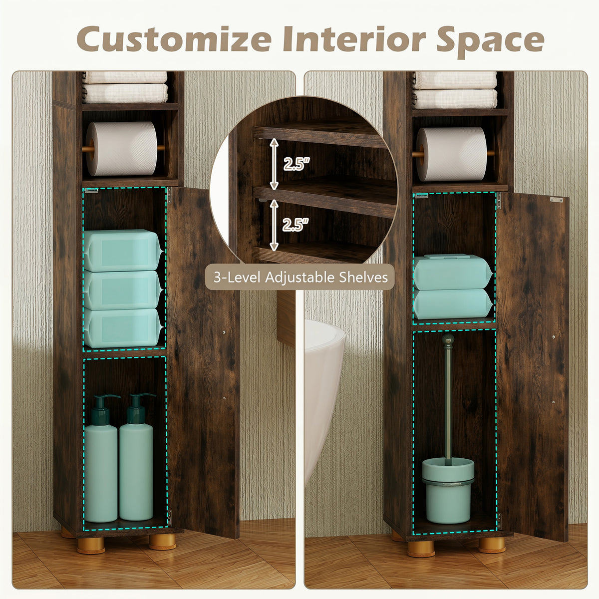 Narrow Bathroom Storage Cabinet with Open Shelves and Toilet Paper Holder