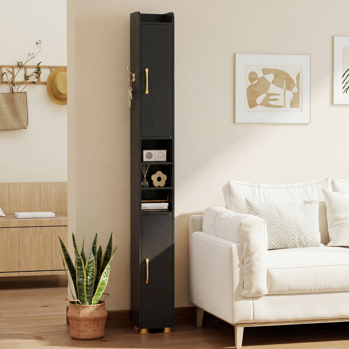 Narrow Bathroom Storage Cabinet with Open Shelves and Toilet Paper Holder