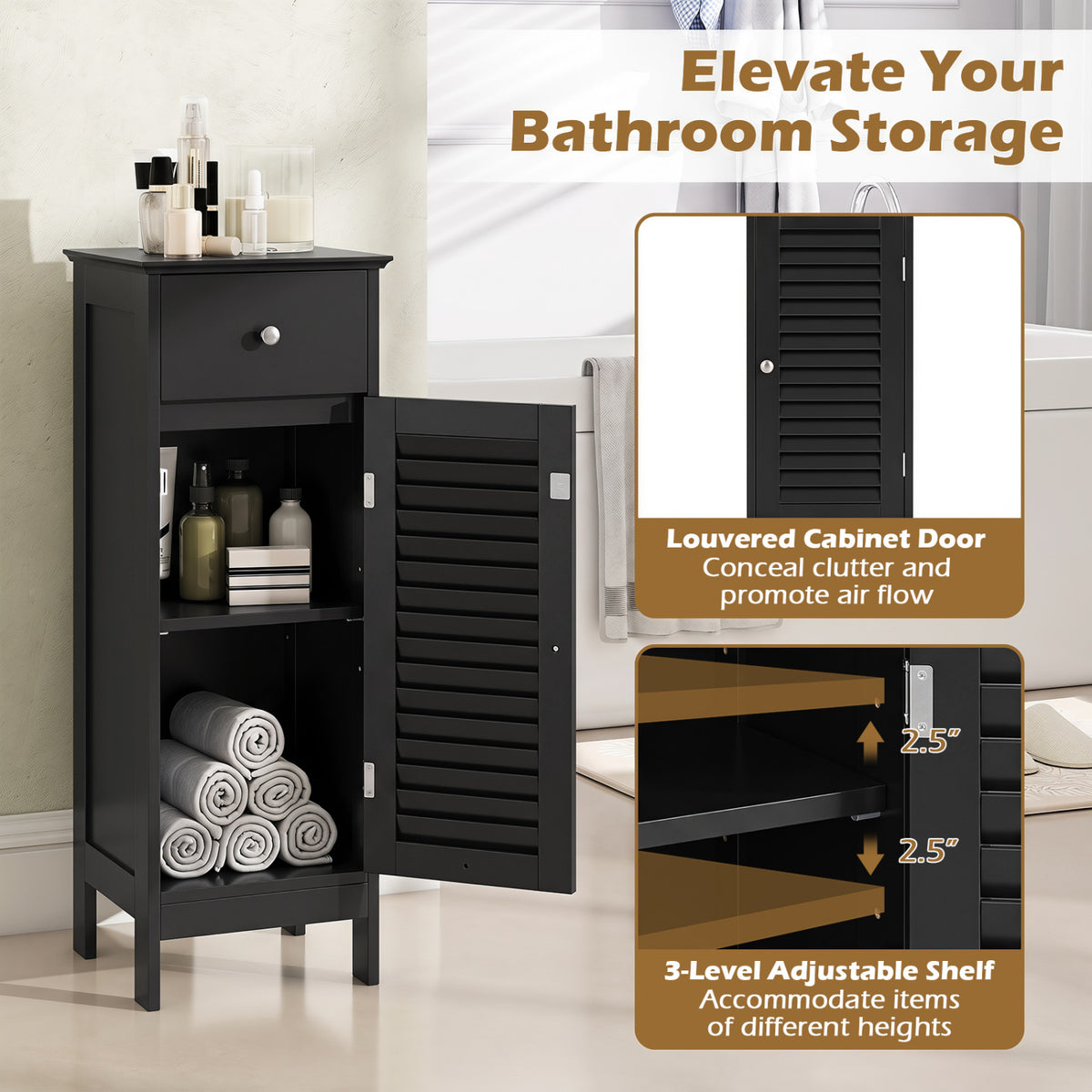Narrow Bathroom Storage Cabinet with Adjustable Shelf and Drawer