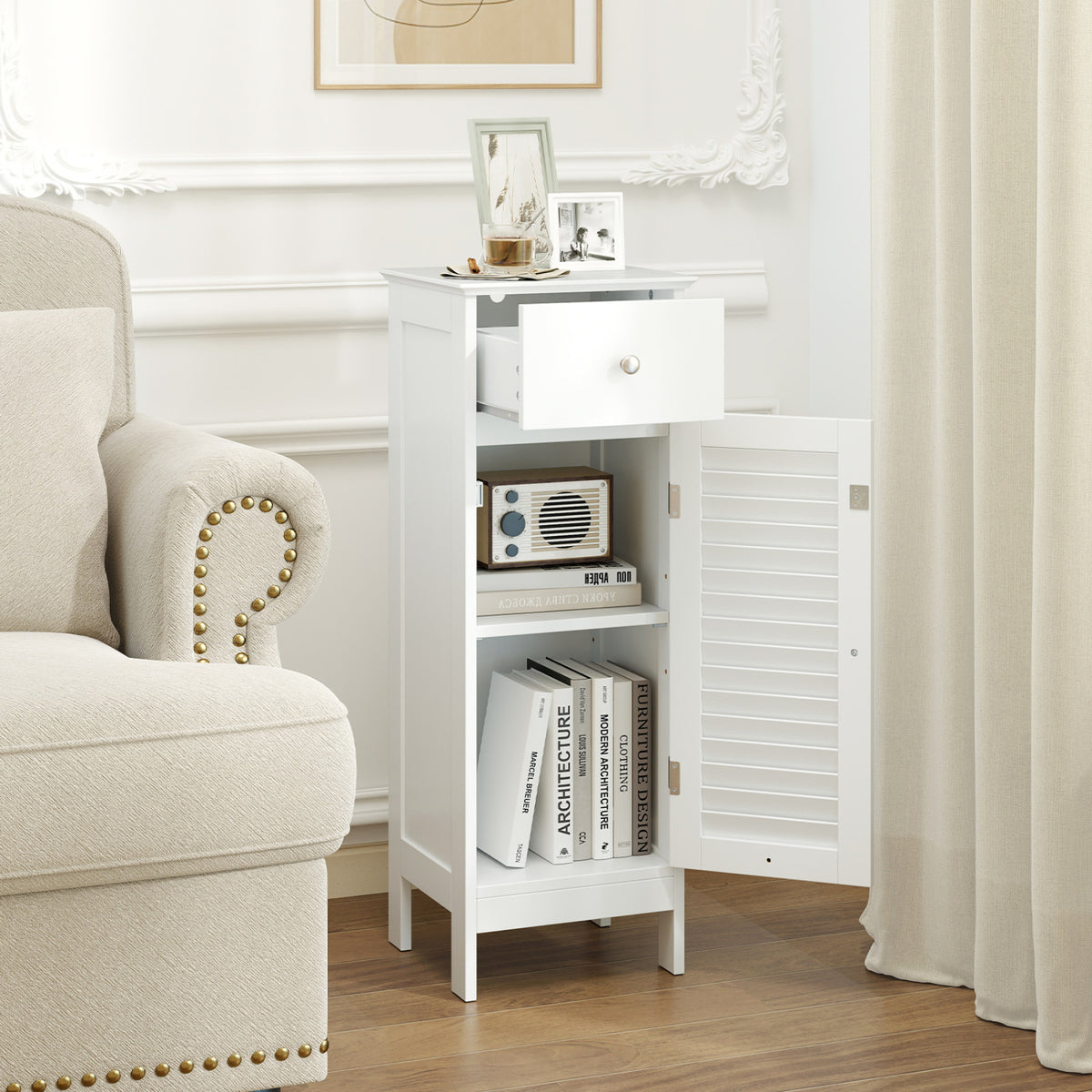 Narrow Bathroom Storage Cabinet with Adjustable Shelf and Drawer