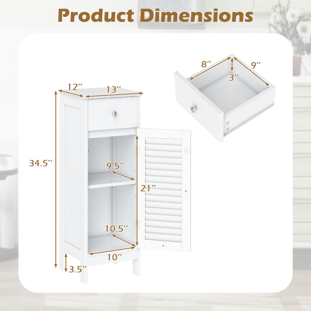 Narrow Bathroom Storage Cabinet with Adjustable Shelf and Drawer