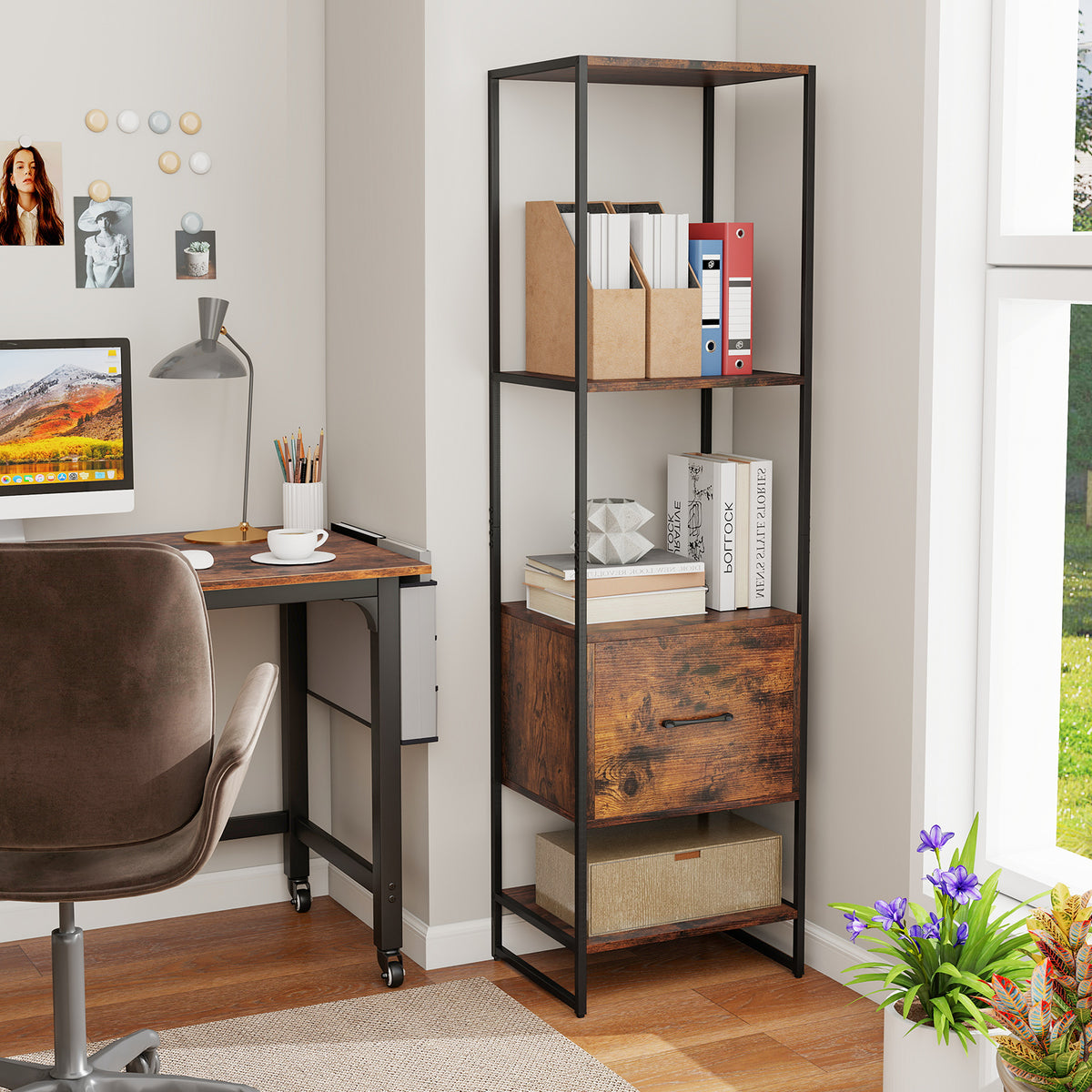 5-Tier Narrow Bookcase with 4 Open Shelves and Storage Dr... – Moogdesk
