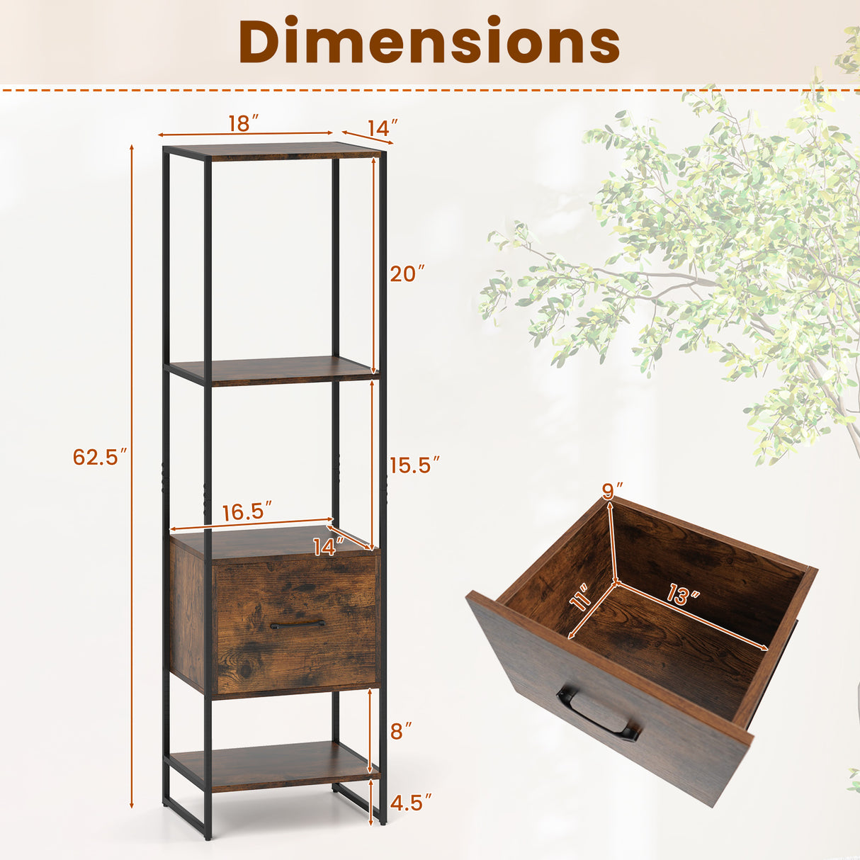 5-Tier Narrow Bookcase with 4 Open Shelves and Storage Drawer