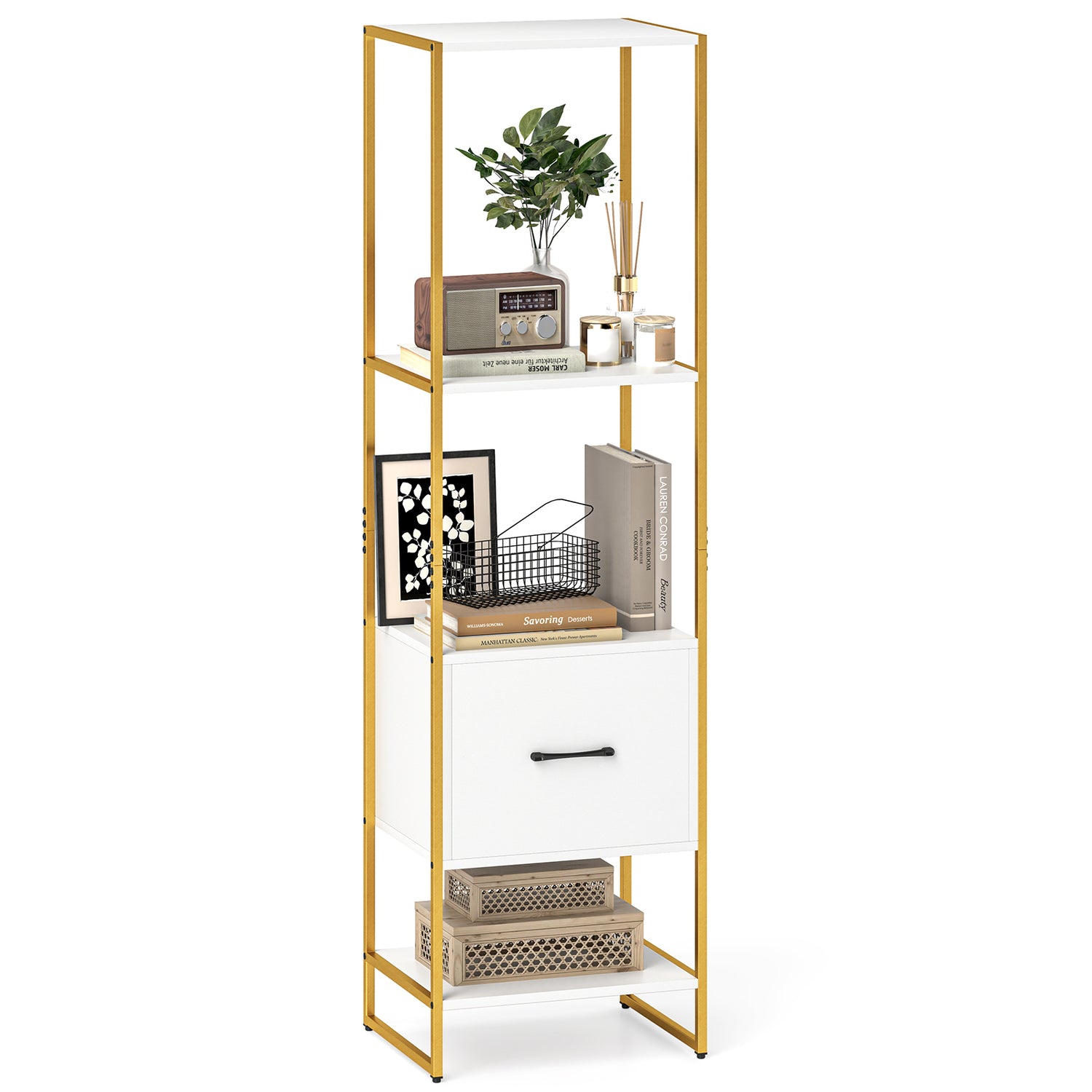 5-Tier Narrow Bookcase with 4 Open Shelves and Storage Drawer