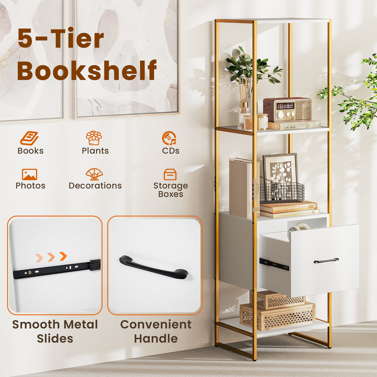 5-Tier Narrow Bookcase with 4 Open Shelves and Storage Drawer