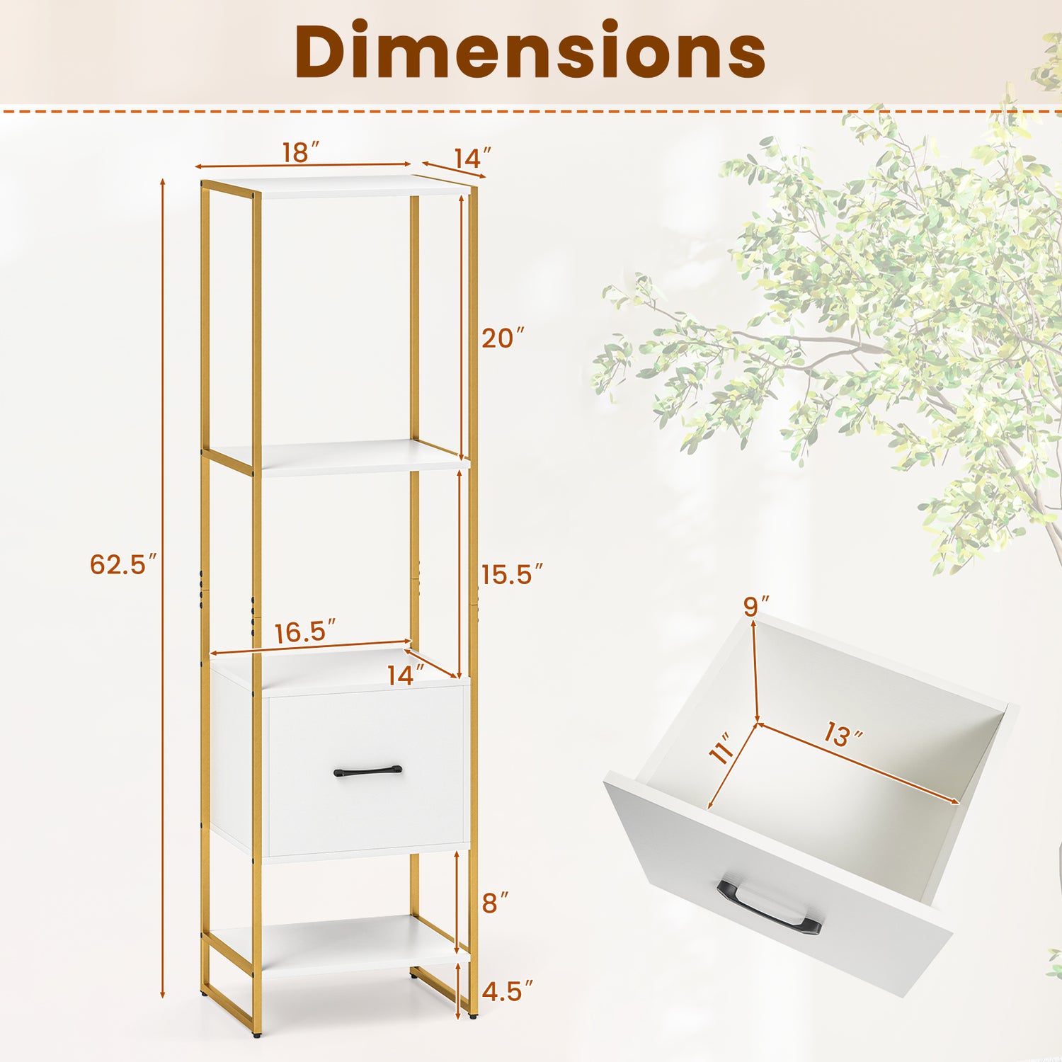 5-Tier Narrow Bookcase with 4 Open Shelves and Storage Drawer