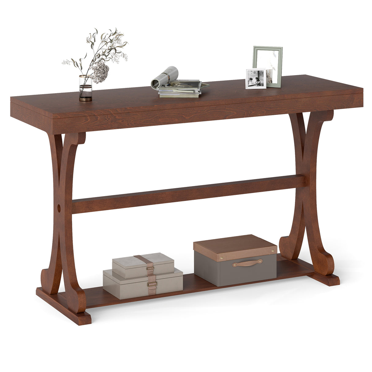 Narrow Console Table Vintage 52 Inch Long with Open Storage Shelf