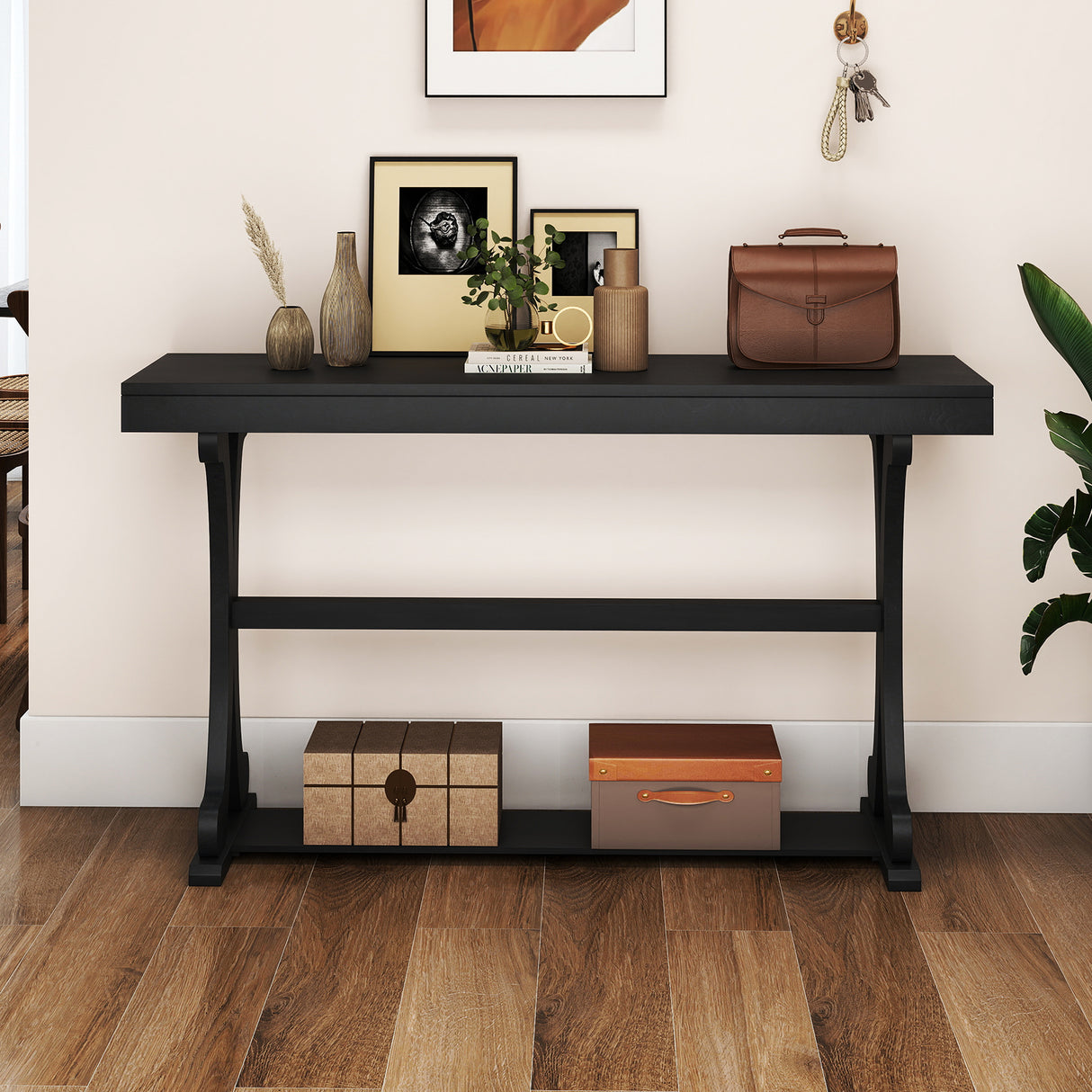 Narrow Console Table Vintage 52 Inch Long with Open Storage Shelf