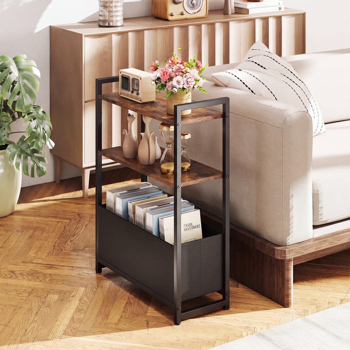 Narrow End Table with Storage Shelves and Metal Frame