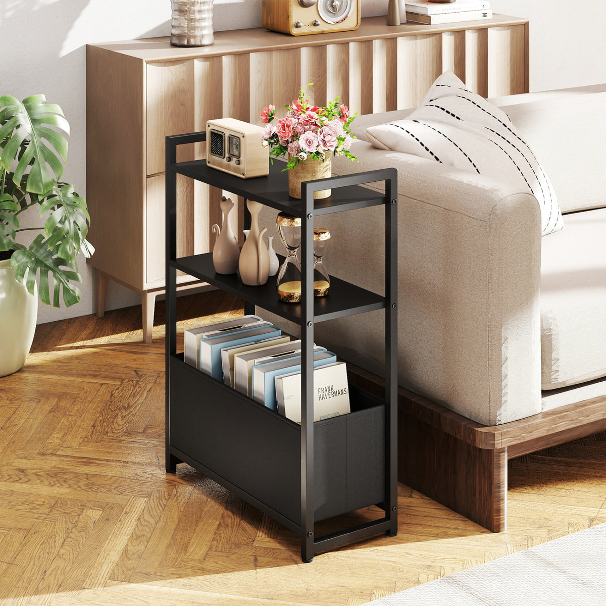 Narrow End Table with Storage Shelves and Metal Frame