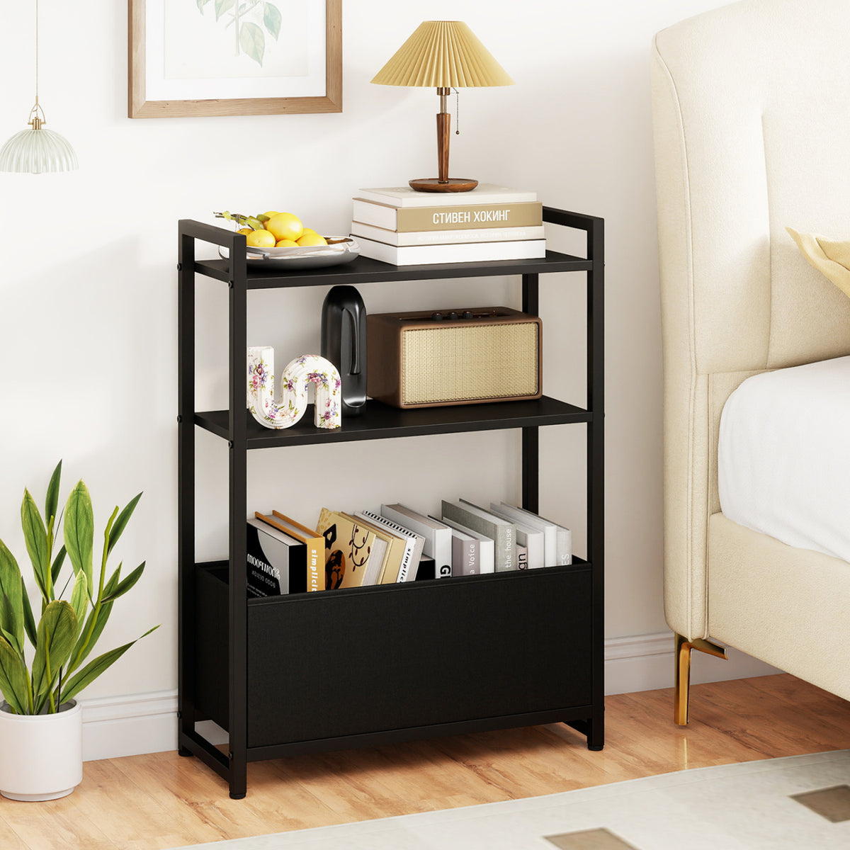 Narrow End Table with Storage Shelves and Metal Frame
