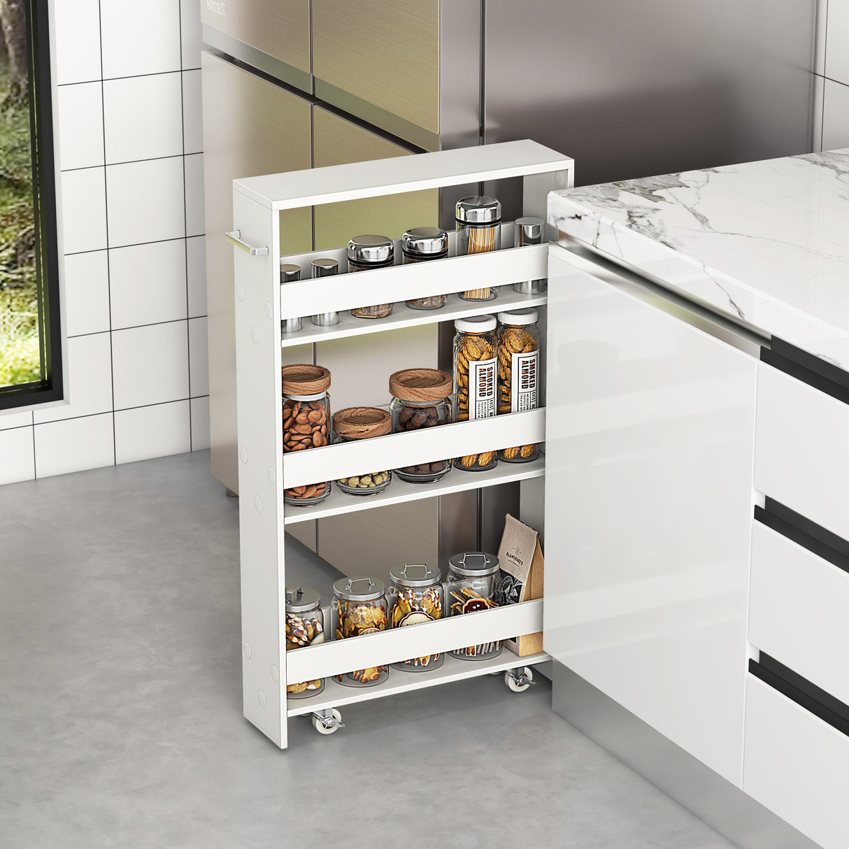 Narrow Mobile Serving Cart with Open Shelves for Kitchen Bathroom Living Room